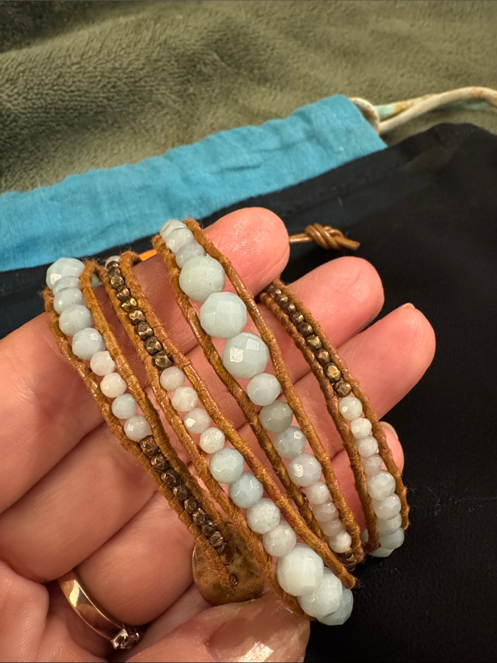 Chan Luu light blue Beaded Tan Leather Wrap Bracelet